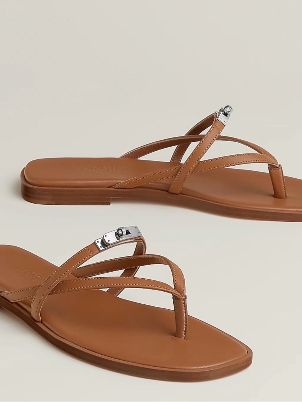 Hermes Miss Cognac Leather Strappy Thong Sandals with Silver Accent Size 5 / 35